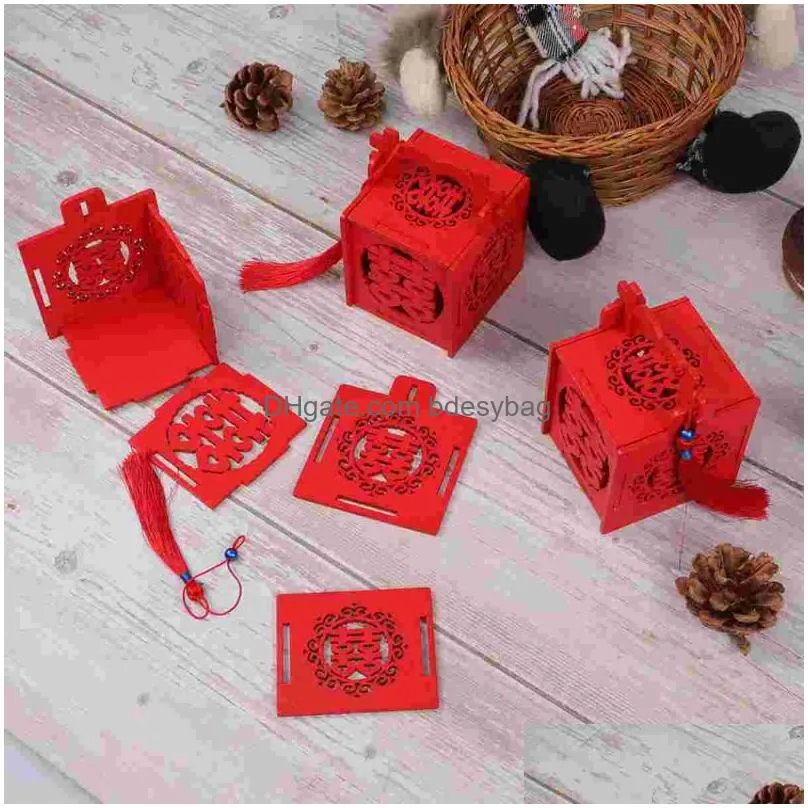 gift wrap 4pcs chinese style wooden candy box wedding blue bead tassel decorations hollow out case portable container weddinggift