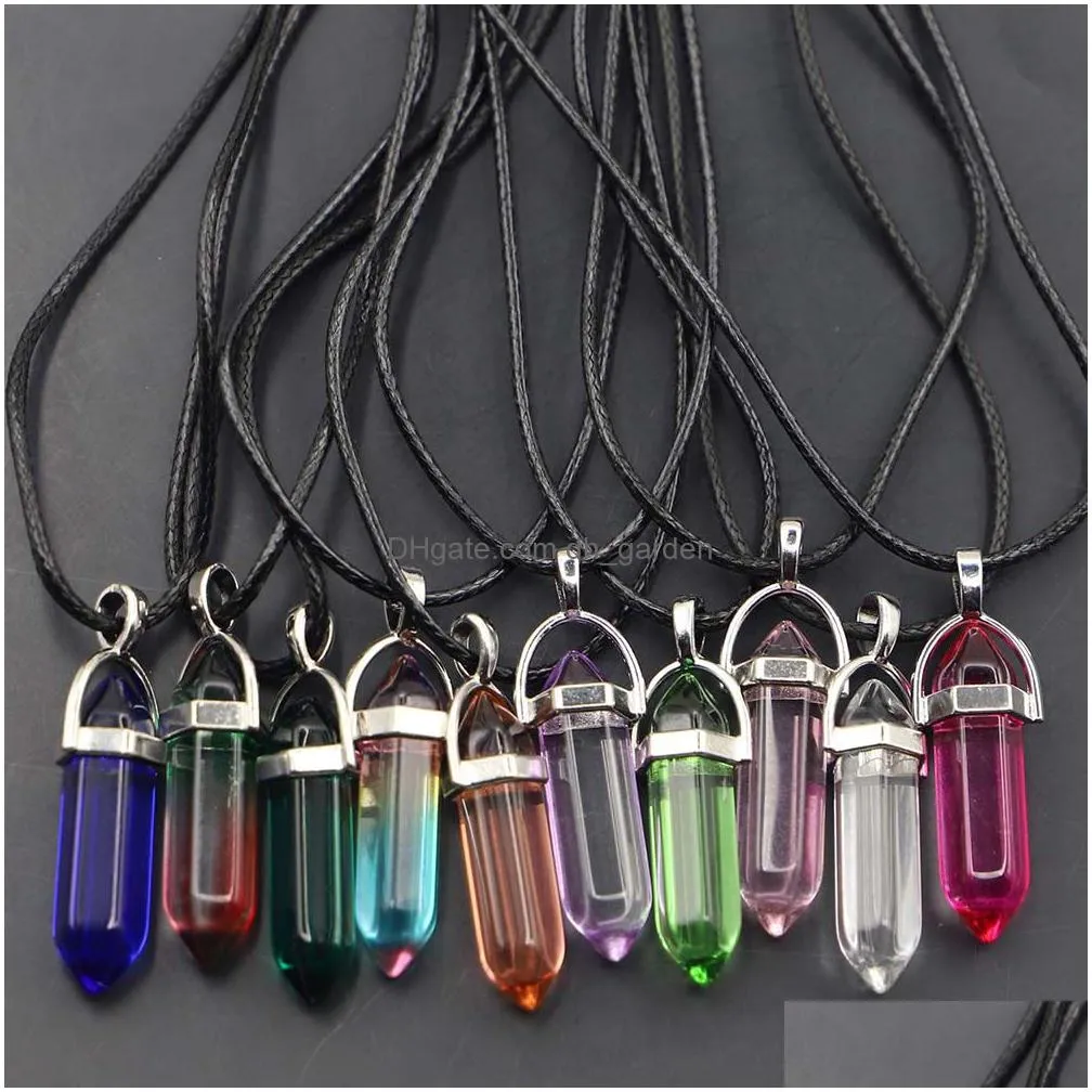 rainbow glass hexagonal column point leather cord necklace pendant cylindrical charms minerals healing crystal jewelry