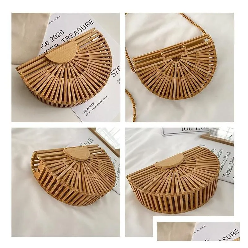 cross body fashion half moon wooden shoulder crossbody bags for women bamboo woven summer beach straw bag rattan small phone purse mini