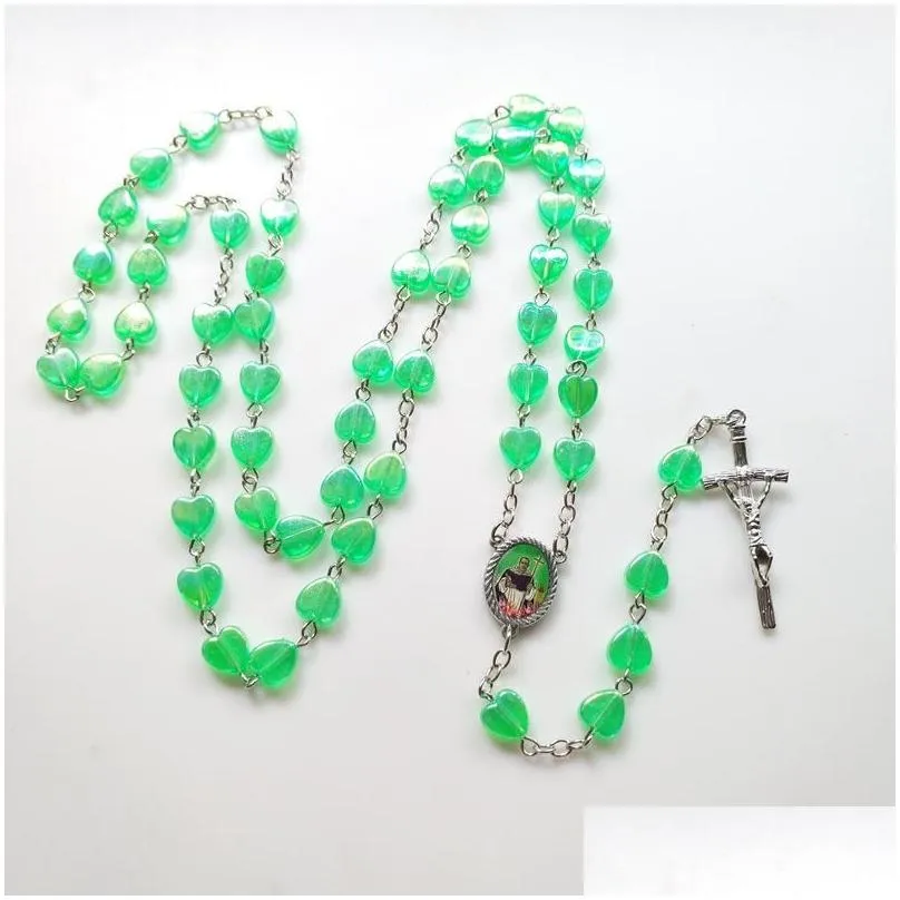pendant necklaces catholic acrylic heart rosary necklace long cross strand religious jewelry for womenpendant
