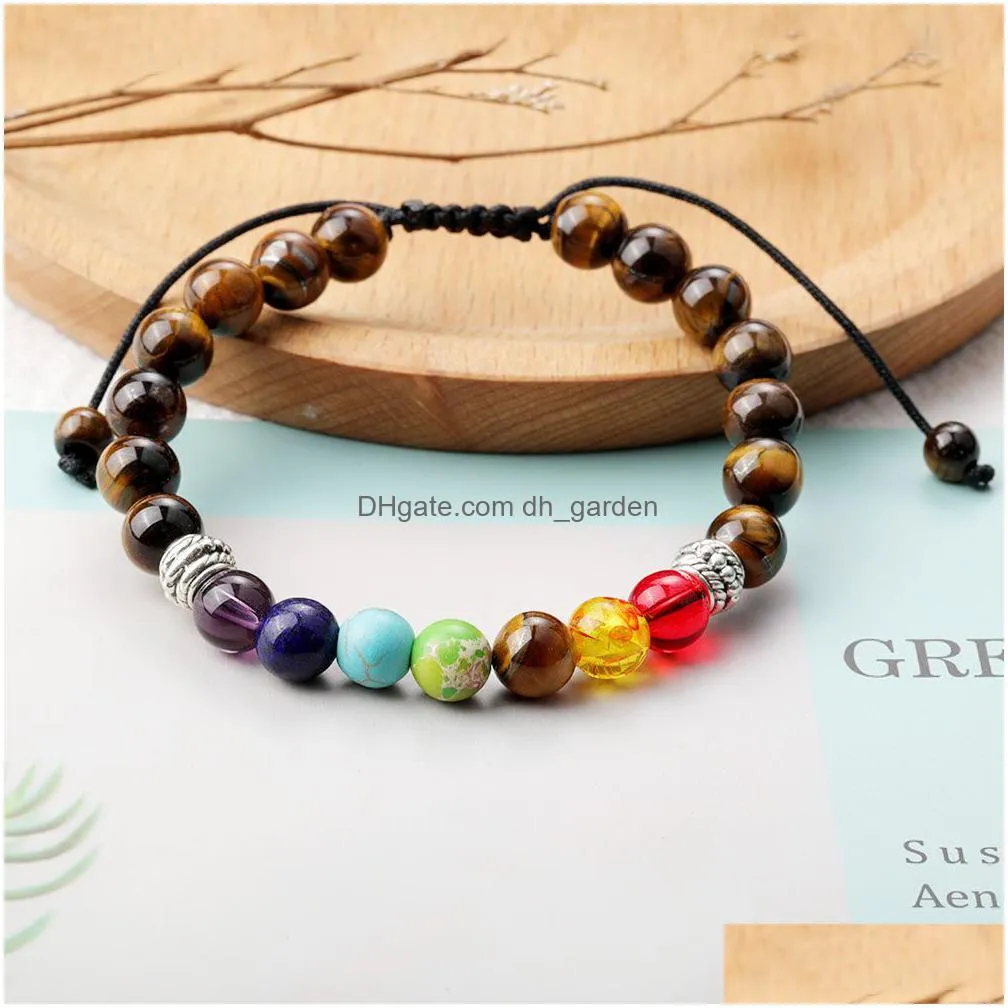 tiger eye stone beaded bracelet adjustable strands braided rope 8mm men women yoga 7 chakra healing balance bracelets