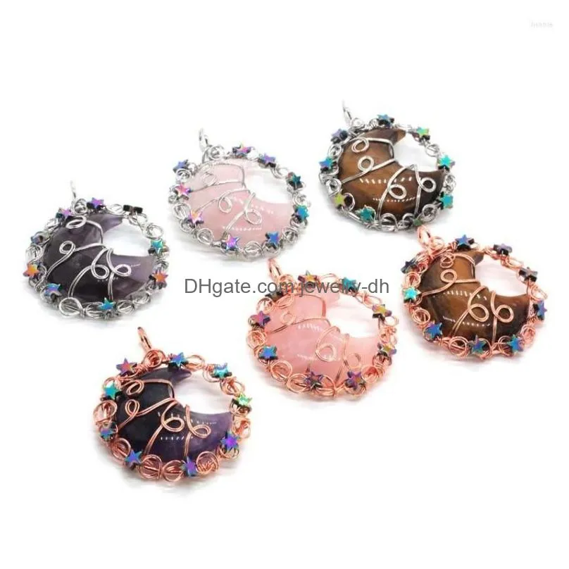 pendant necklaces kft handmade wire wrapped round moon star shape crystal stone healing amethyst rose quartz reiki chain necklace