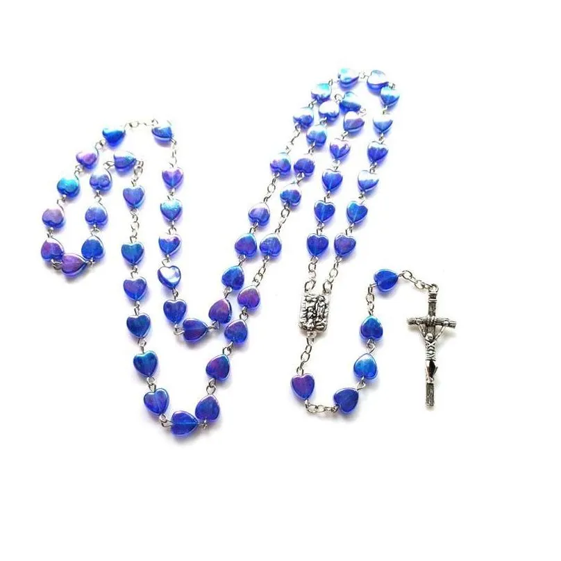 pendant necklaces catholic acrylic heart rosary necklace long cross strand religious jewelry for womenpendant