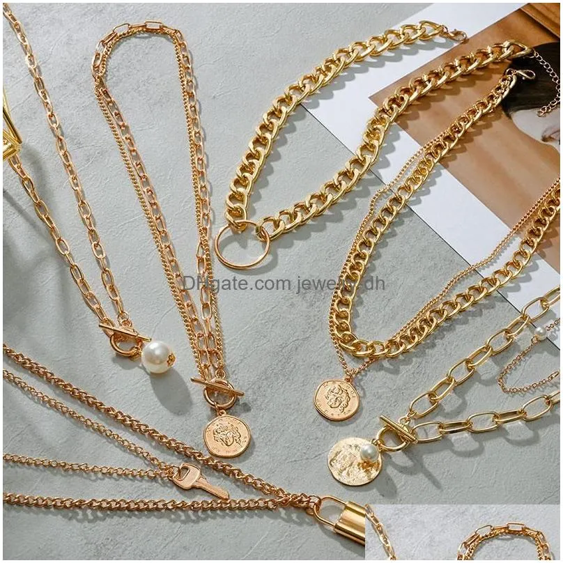 pendant necklaces fashion vintage multilayer pearl for women gold metal portrait hanging 2022 trend female party jewelrypendant