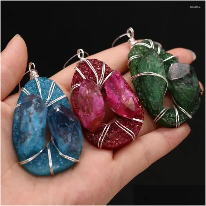 pendant necklaces 1pcs natural druzy stone egg shape mix colors rose red blue green crystal for necklace jewelry making gift size