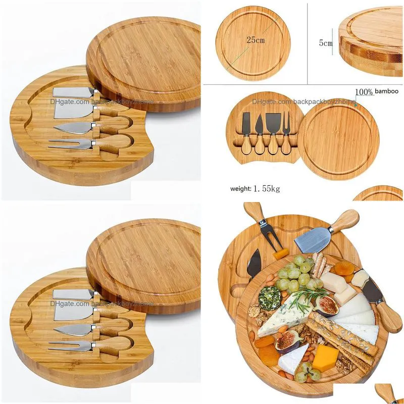 bamboo cheese board and knife set round charcuterie boards swivel meat platter holiday housewarming gift kitchen tools