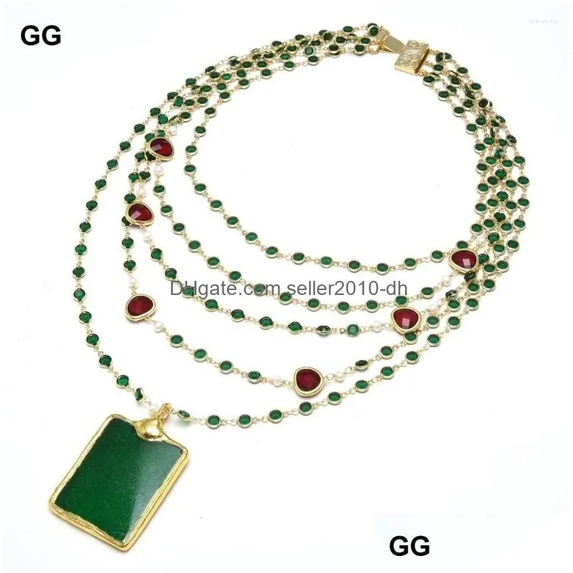 pendant necklaces guaiguai jewelry natural 5 rows white pearl red gold crystal bezel green chain statement necklace jades for women