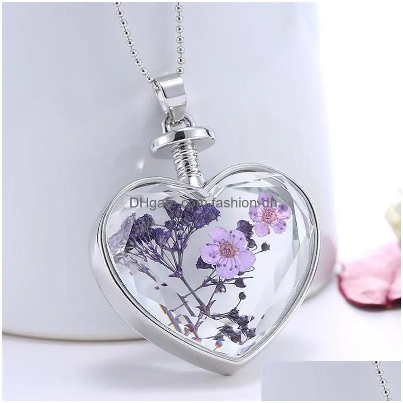 pendant necklaces 1pc creative pressed flower necklace heart shape charm beaded chain sweater jewelry accessories