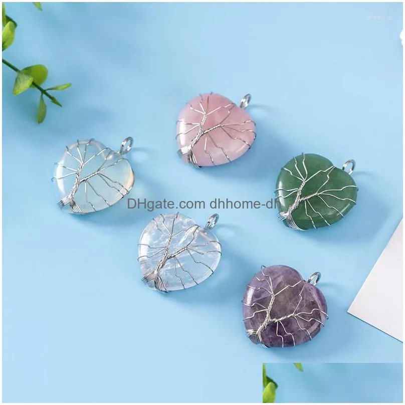 pendant necklaces reiki natural crystal heart shape necklace quartz gem jewelry wrap wire semiprecious stones dangle for women men