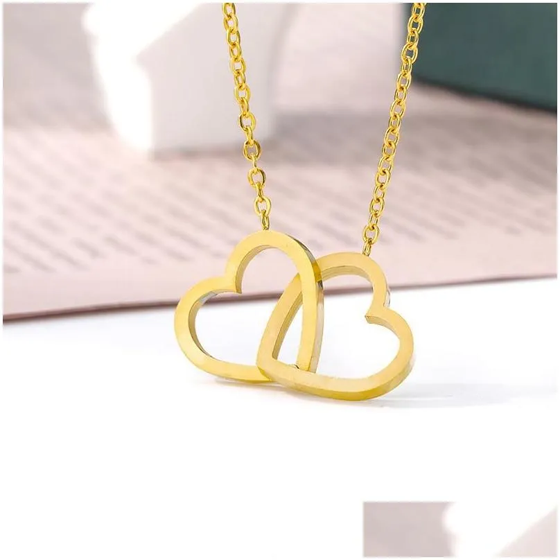 double heart necklaces for women romantic pendants jewellery bridesmaid gifts stainless steel choker chain bijoux femme collier