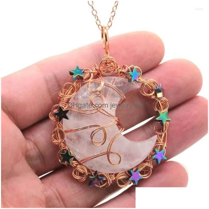 pendant necklaces kft handmade wire wrapped round moon star shape crystal stone healing amethyst rose quartz reiki chain necklace