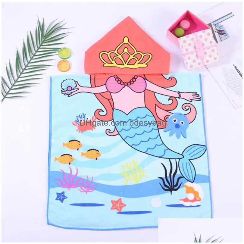 kids hooded beach towel cartoon mermaid animal print baby boys girls super absorbent micro fiber beach cloak