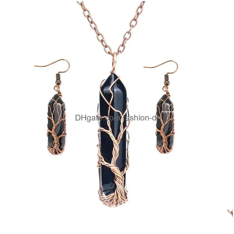 pendant necklaces wholesale 3sets handwound copper wire natural tiger eyes crystal hexagonal tree of life reiki women necklace and