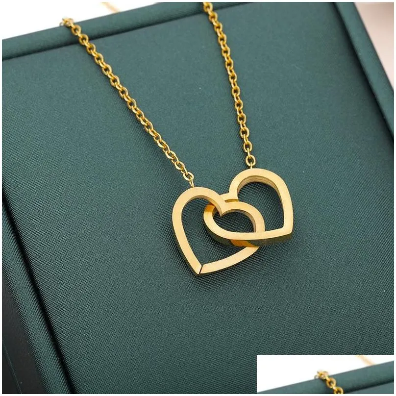 double heart necklaces for women romantic pendants jewellery bridesmaid gifts stainless steel choker chain bijoux femme collier