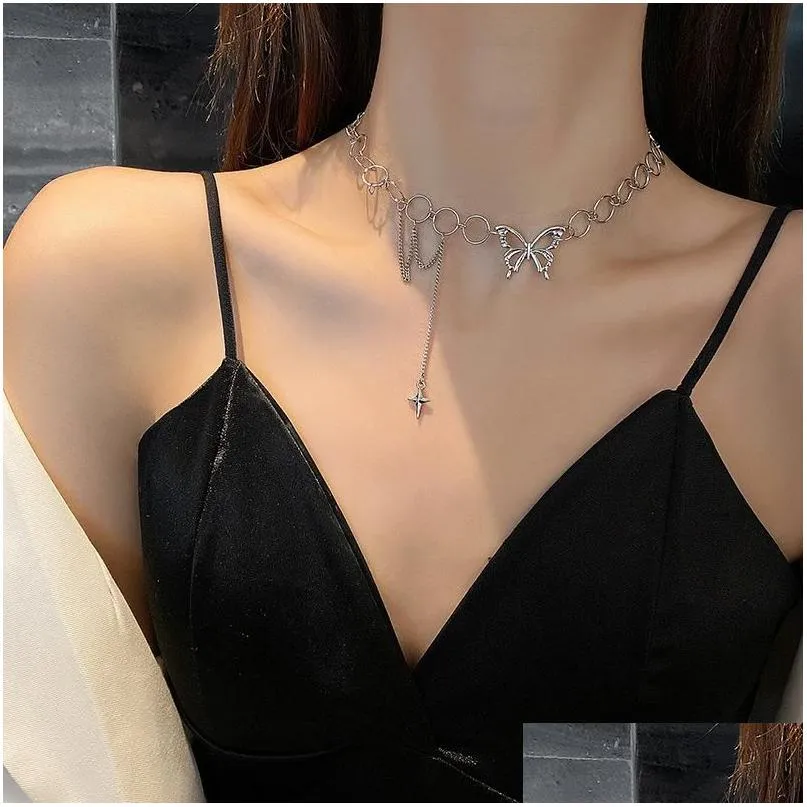 pendant necklaces goth butterfly necklace for women punk womens neck chain aesthetic hip hop choker kpop accessories fashion party