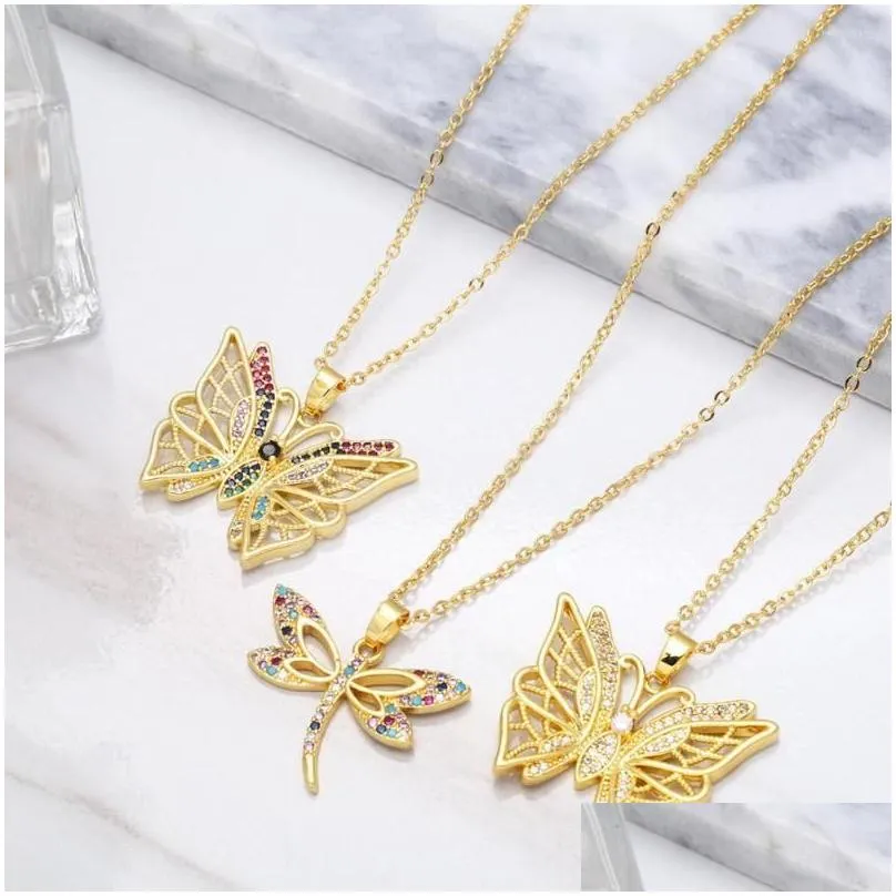 pendant necklaces dragonfly butterfly with rainbow zircon stone delicate 18k gold plated neckalce for women summer jewelry gifts