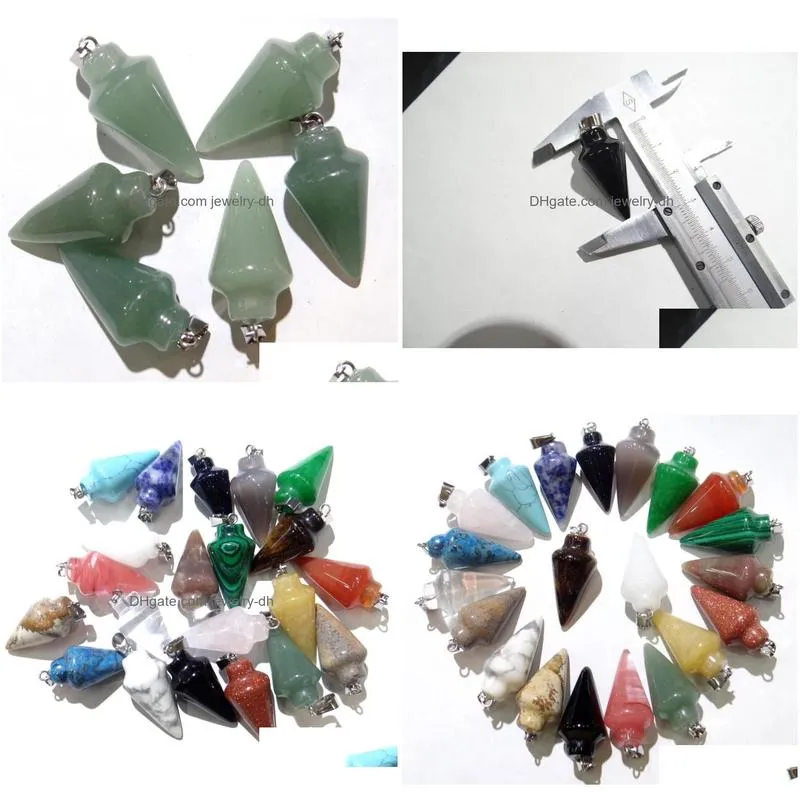 pendant necklaces 12pcs mix natural stone reiki pendulum amulet circular cone charms for diy making jewelry accessories wholesale 30