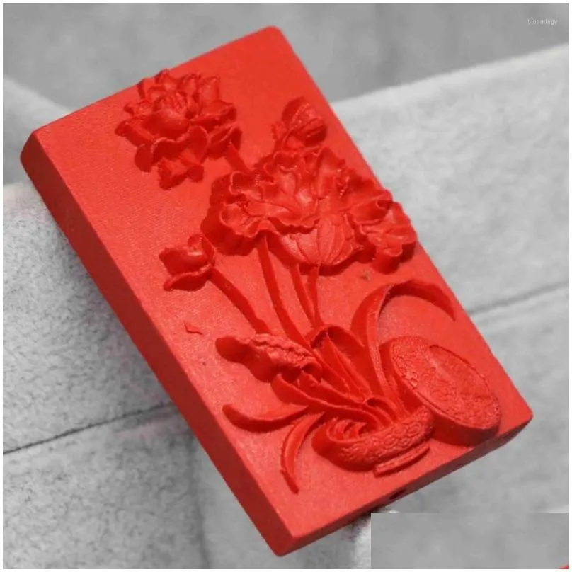 pendant necklaces carving lotus flower vintage synthetic red cinnabar rectangle fit for necklace jewelry making 36 56mmb1540