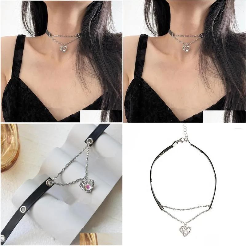 pendant necklaces punk moonlight stone irregular heart chain leather necklace party jewelry for men women grunge y2k accessories