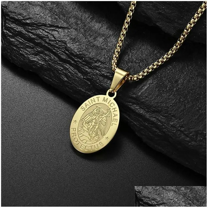 pendant necklaces 2022 religion st. michael medallion necklace for male stainless steel geometric collar hombre