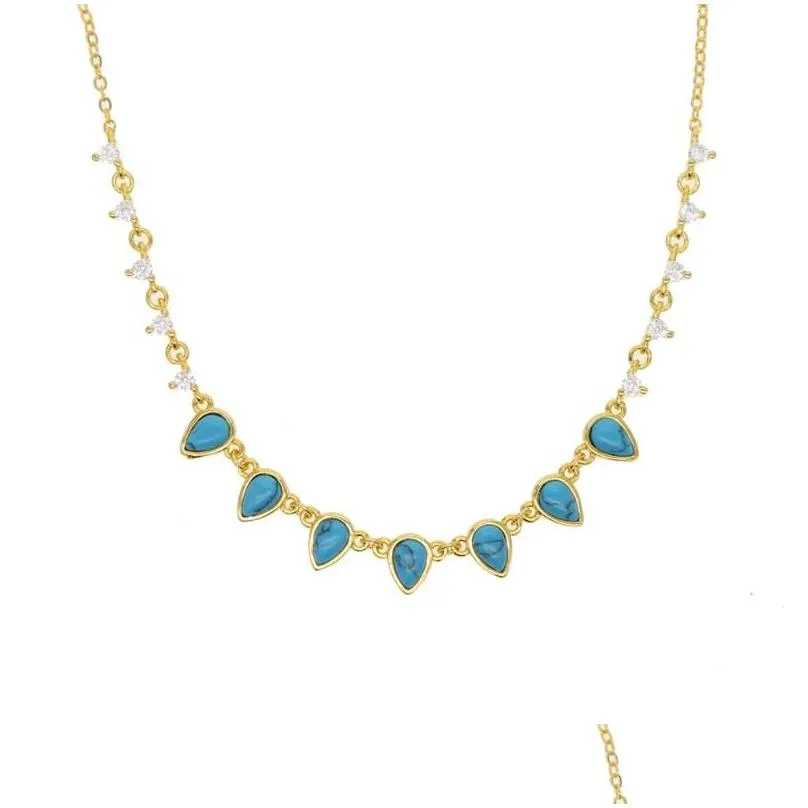 pendant necklaces gold filed summer trendy women lady choker jewelry tear drop blue opal tiny cz station statement multi layer necklace