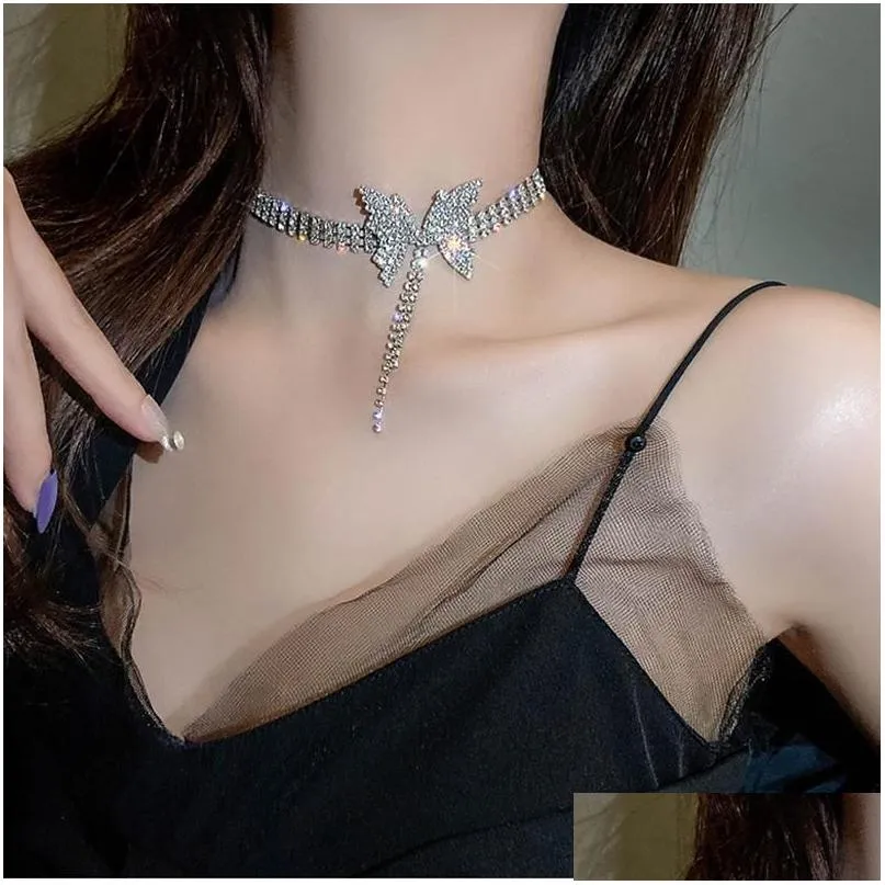 blijery korean butterfly crystal choker necklaces for women long tassel rhinestone weddings jewelry party gifts chokers