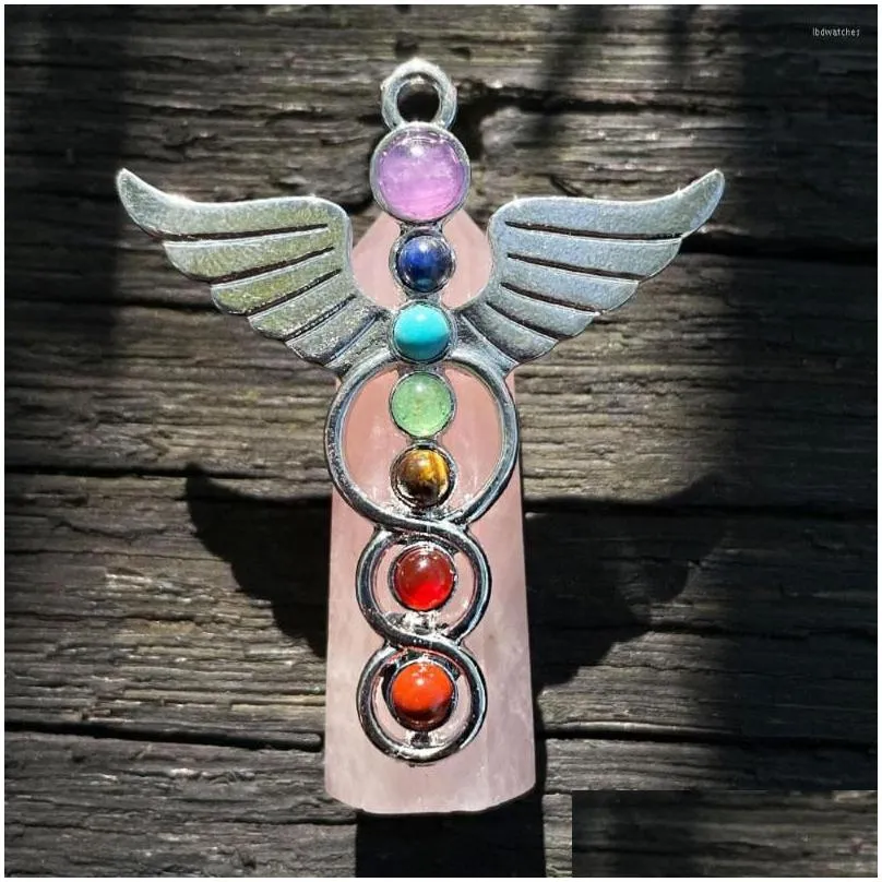 pendant necklaces natural rose quartz seven chakras angel shape hexagonal agates stone for making diy jewerly necklace