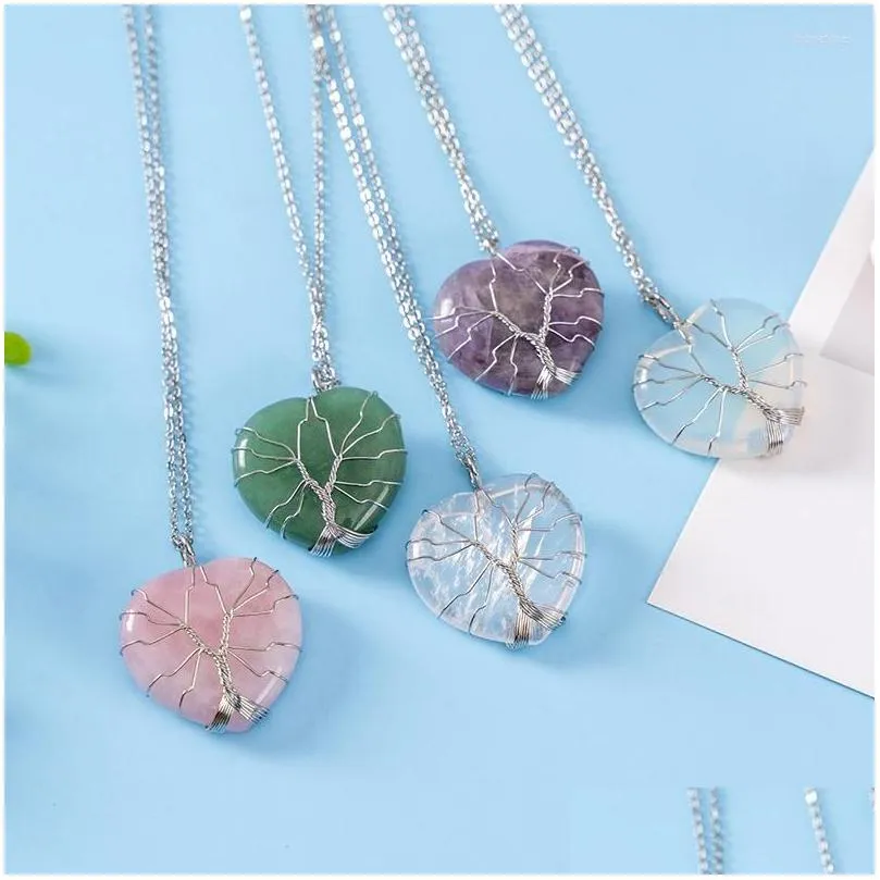 pendant necklaces reiki natural crystal heart shape necklace quartz gem jewelry wrap wire semiprecious stones dangle for women men
