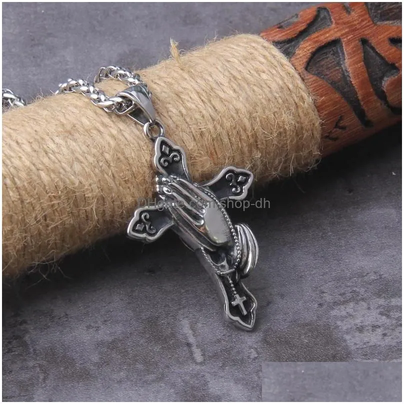 pendant necklaces large detailed cross drill jewel necklace pray hand tone gothic punk jewellery fashion charm statement women giftpendant