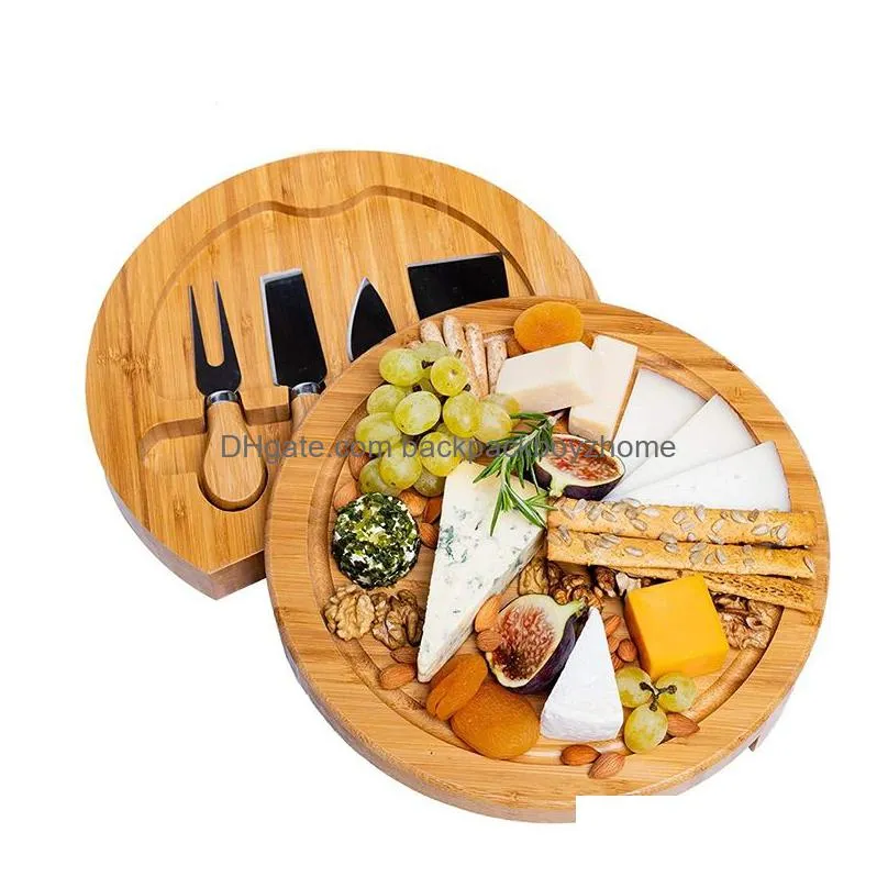 bamboo cheese board and knife set round charcuterie boards swivel meat platter holiday housewarming gift kitchen tools