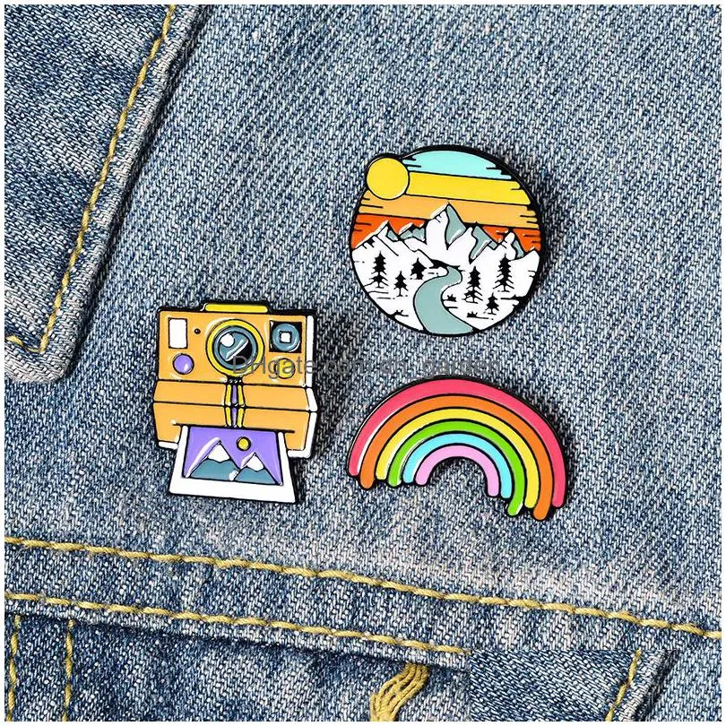 rainbow camera snow mountain brooch student creative cartoon cute outdoor pins collar badge jewelry