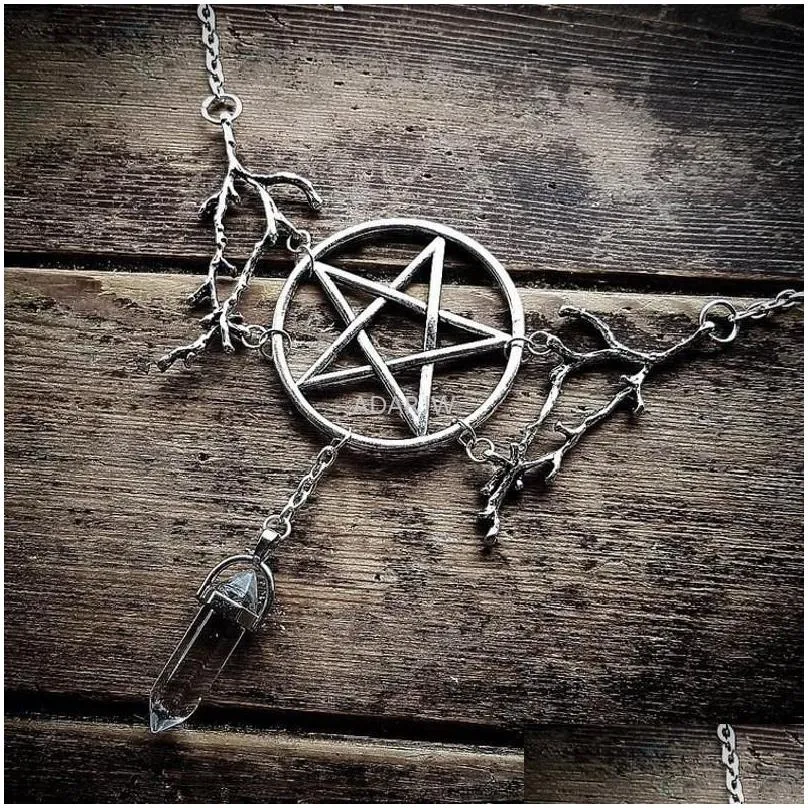 pendant necklaces gothic pagan inspired pentagram stone branches necklace witch punk mystical jewelry charm wedding magic wiccan gift