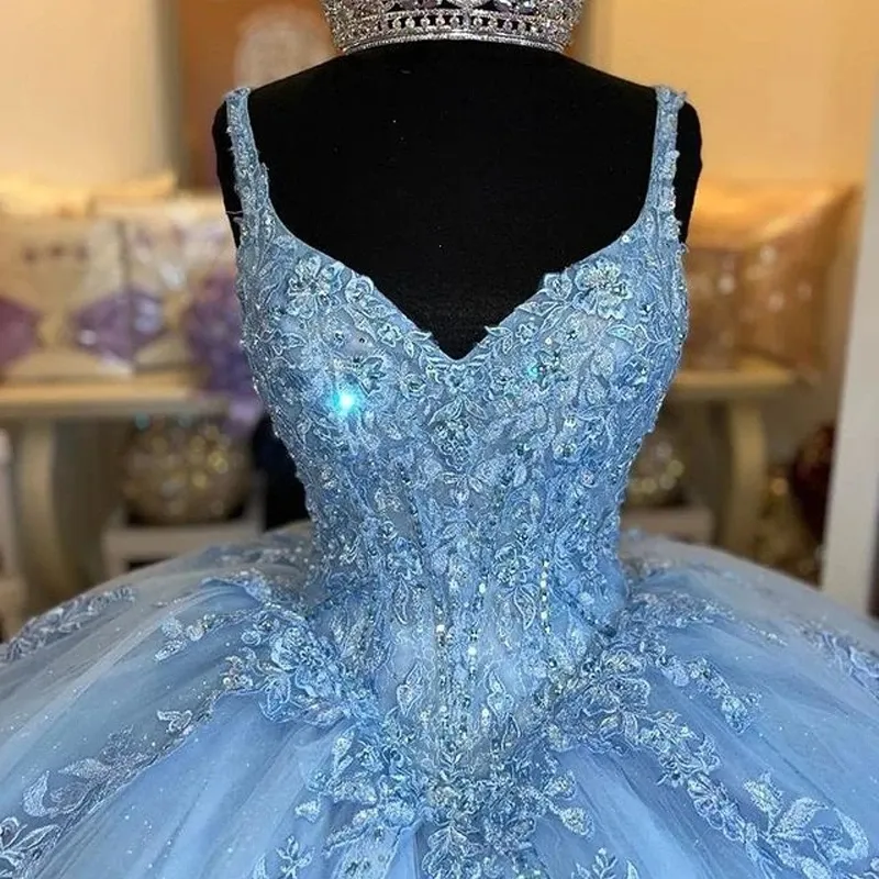Sky blue Quinceanera Dresses Sexy V-Neck 3D Flower 15th Party Dress Beading lace-up corset Vestidos De Debutante Birthday Gowns