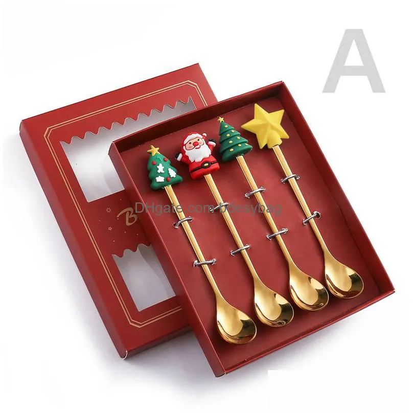 christmas spoon and fork santa doll stocking pendant stainless steel ice cream soup sugar dessert teaspoons xmas gifts