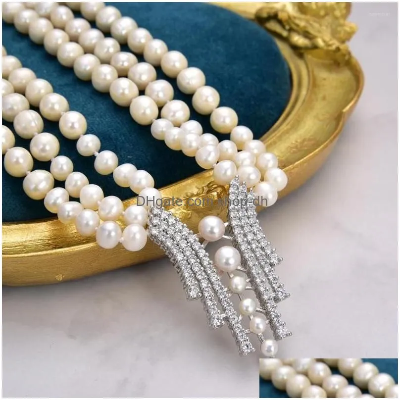 pendant necklaces 18 3 strands cultured white round freshwater pearl chokers necklace silver color plated cz pave wedding for women