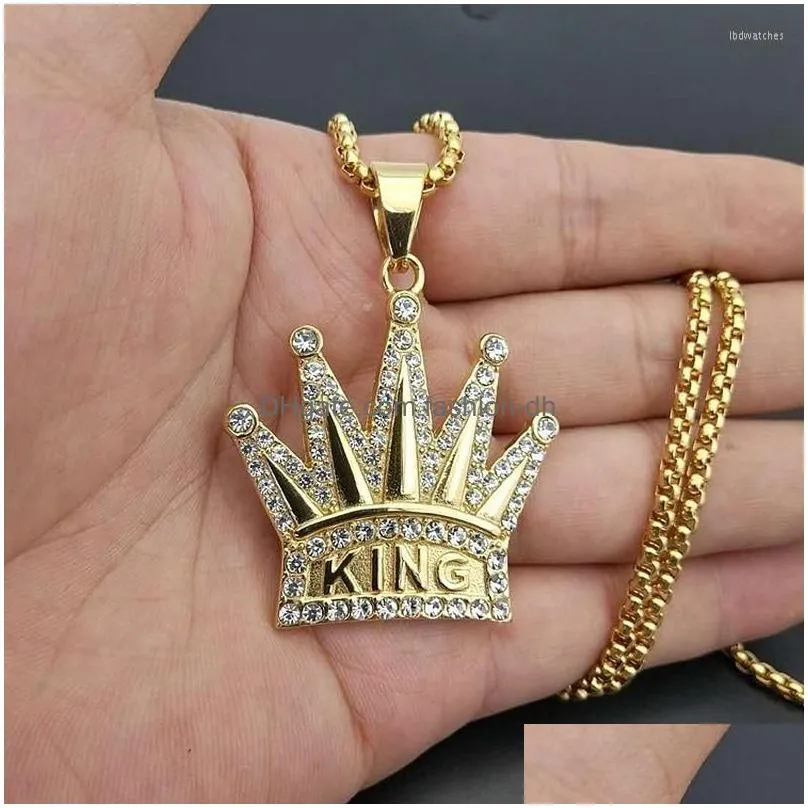 pendant necklaces trendy titanium steel necklace for mens gold plated rhinestones king crown hip hop jewelry gift