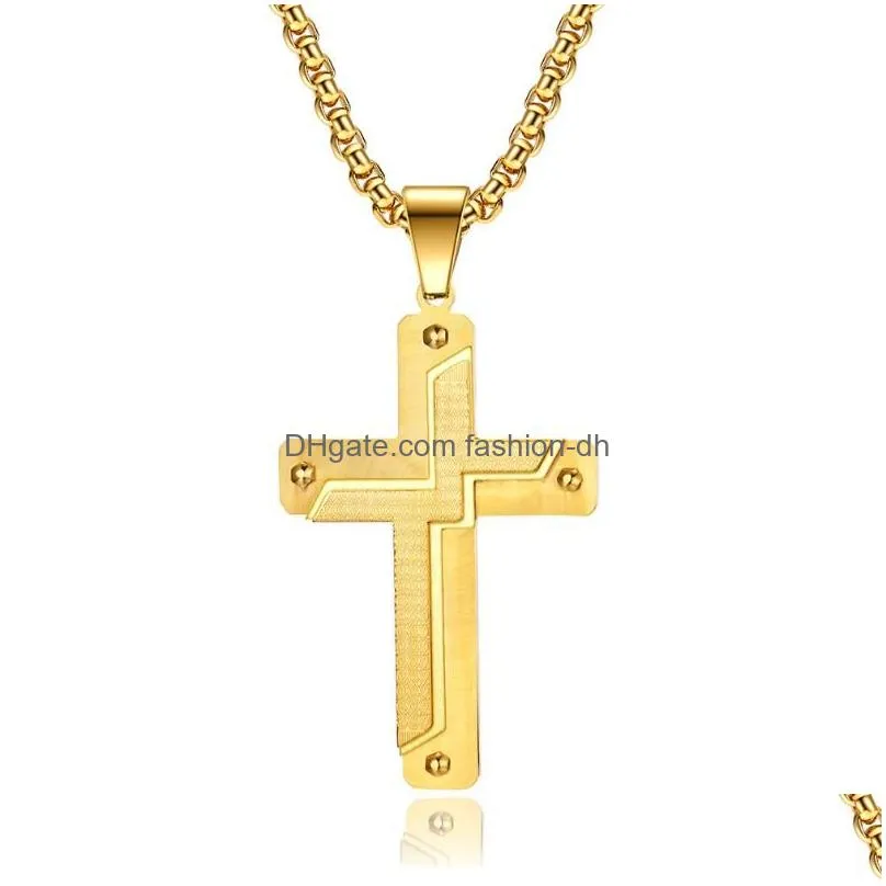 pendant necklaces european and american style rivet threelayer large mens 18k gold plated twocolor pattern cross necklace