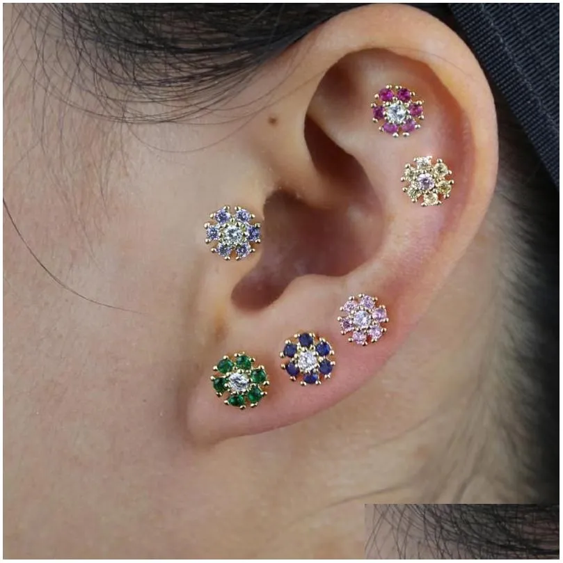 high quality 5a cubic zirconia cz colorful flower earring for women red pink green pastel color flowers fashion jewelry stud