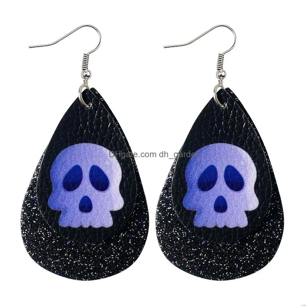 new halloween skull leather earrings for women pumpkin print drop dangle earring wholesale jewelry