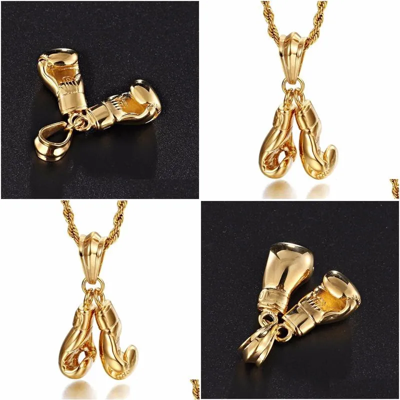 pendant necklaces granny chic hip hop mens boys necklace gold color stainless steel chain pair boxing glove fashion sport fitness