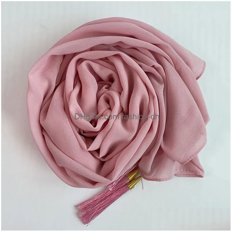 scarves plain muslim women bubble chiffon hijabs fashion malaysia head wrap turban scarf with beaded tasseled islam femme shawls