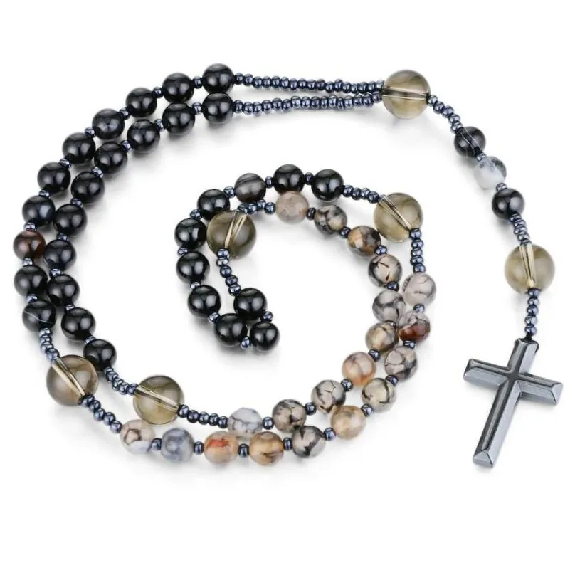 pendant necklaces black onyx dragon agate smoky crystal natural stone prayer beads chain rosary necklace hematite cross chaplet