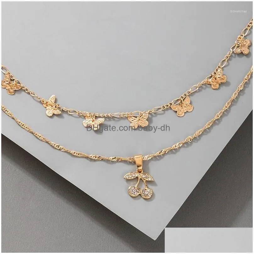 pendant necklaces huatang trendy zircon cherry necklace for women double laryer little butterfly tassel chains gift jewelry