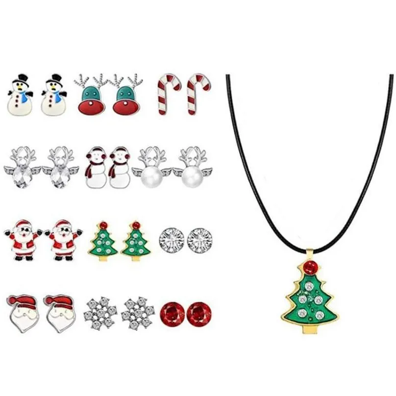 pendant necklaces christmas gift set earrings tree santa claus reindeer snowman walking stick snowflake pearl cartoon stud