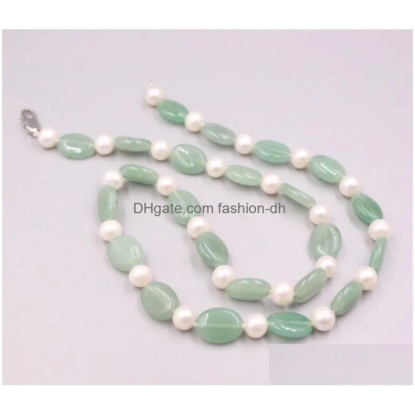 natural green jade 12mm oval flakes 9mm pearl beads link chain necklace for woman man 48cm chains