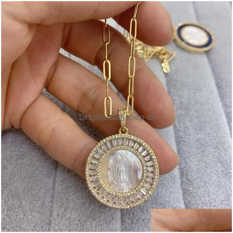 pendant necklaces blessing round virgin guadalupe necklace colored zircon natural shell jewelry for womenpendant