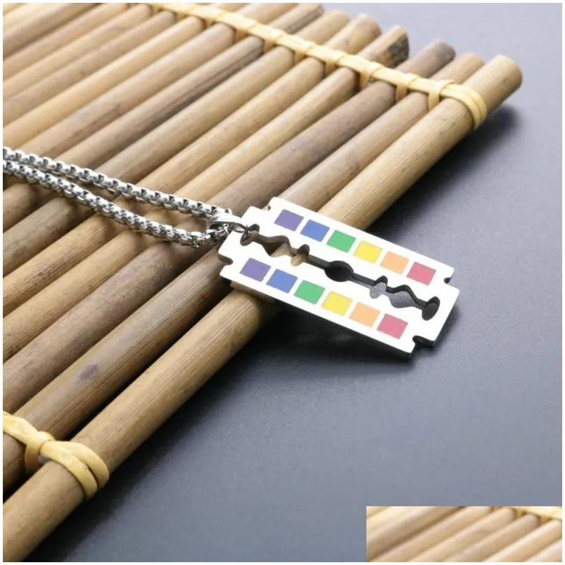 pendant necklaces fashion rainbow gay pride necklace safety razor blade hip hop lesbian love beaded chain jewelrypendant