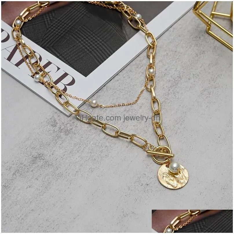 pendant necklaces fashion vintage multilayer pearl for women gold metal portrait hanging 2022 trend female party jewelrypendant