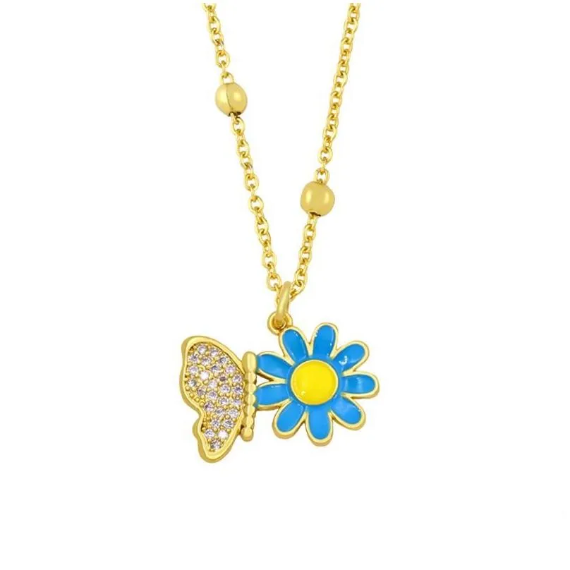 pendant necklaces gold chain butterfly flower necklace beads white stone copper cz colorful enamel girls jewelry nkey09pendant morr22