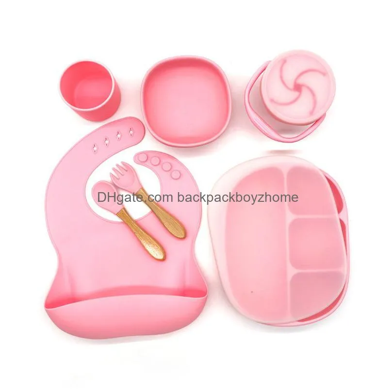 baby silicone bib divided dinner plate suction bowl spoon fork cup set training feeding food utensil dishes tableware kit